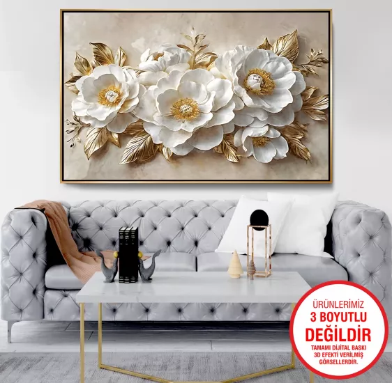 Gold Metal Çerçeveli Çiçekler Kanvas Tablo