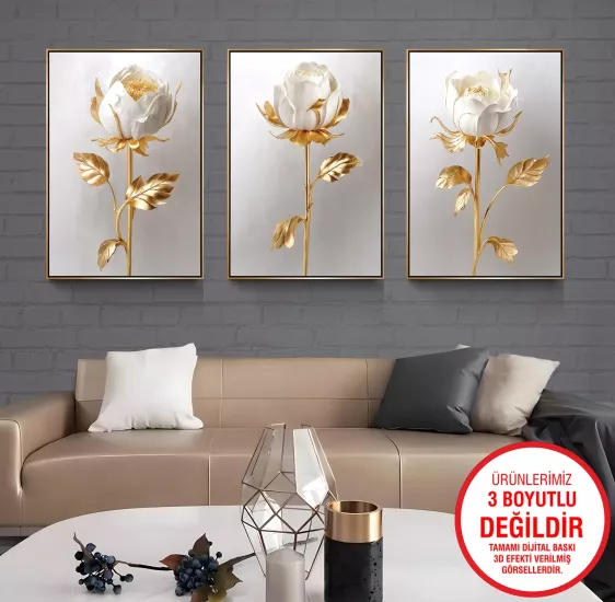 Gold Metal Çerçeveli Güller 3’lü Kanvas Tablo Seti
