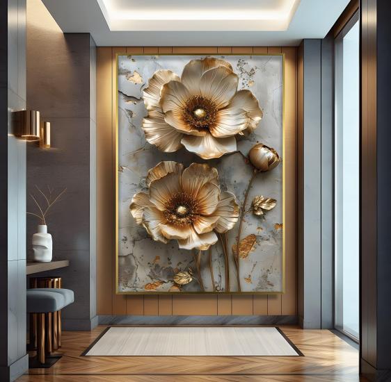 Metal Çerçeveli Canlı Çiçekler Cam Tablo