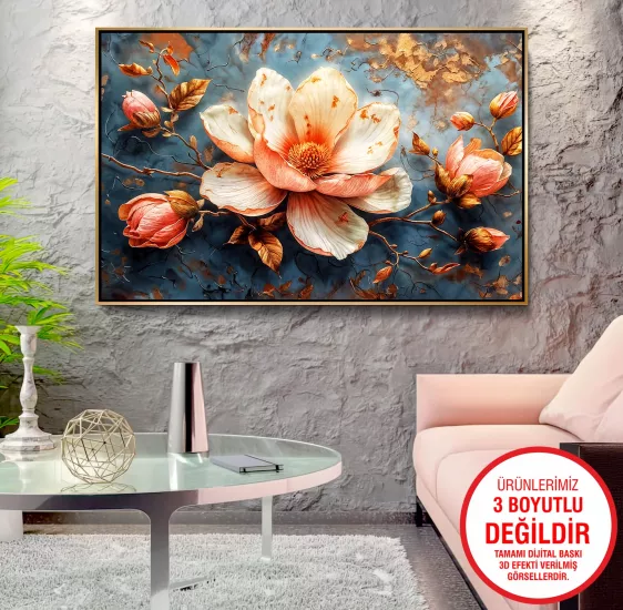 Gold Metal Çerçeveli Çiçekler Kanvas Tablo