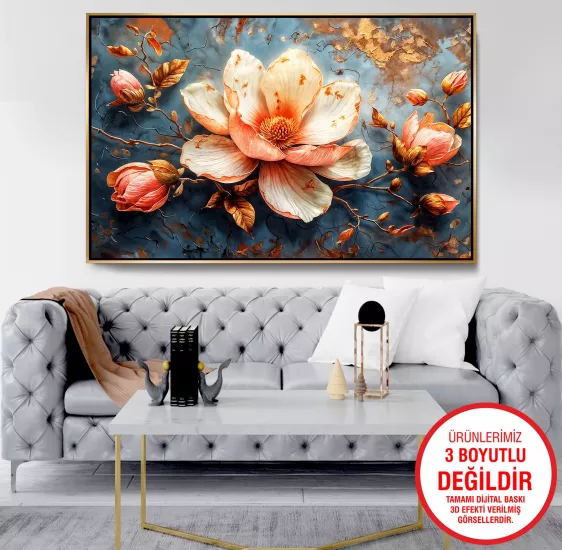 Gold Metal Çerçeveli Çiçekler Kanvas Tablo