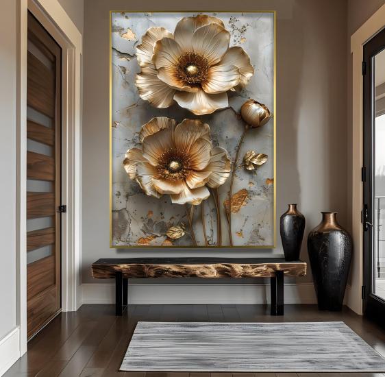 Metal Çerçeveli Canlı Çiçekler Cam Tablo