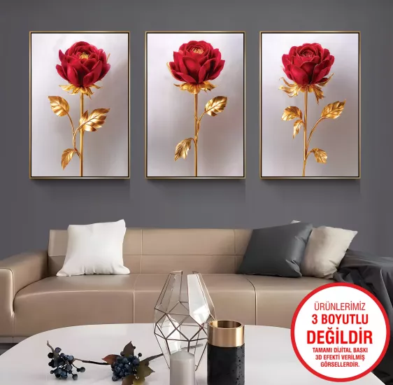 Gold Metal Çerçeveli Güller 3’lü Kanvas Tablo Seti