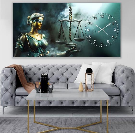 Saatli Adalet Terazisi Panoramik Kanvas Tablo
