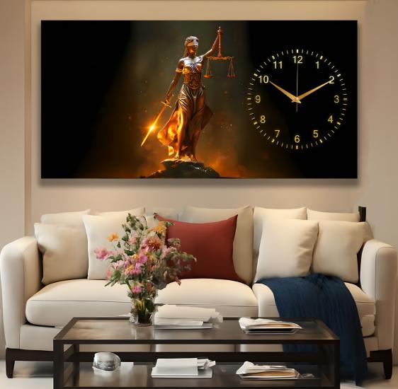 Saatli Adalet Terazisi Panoramik Kanvas Tablo