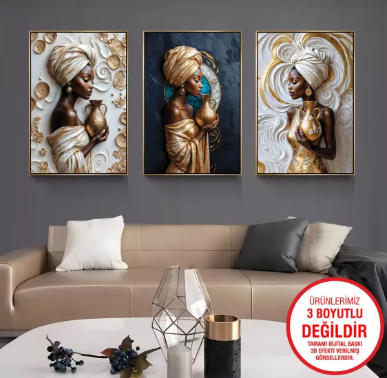 Gold Metal Çerçeveli 3’lü Kanvas Tablo Seti