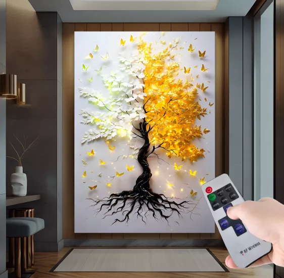 Led Işıklı Uzaktan Kumanda Ağaç Kanvas Tablo