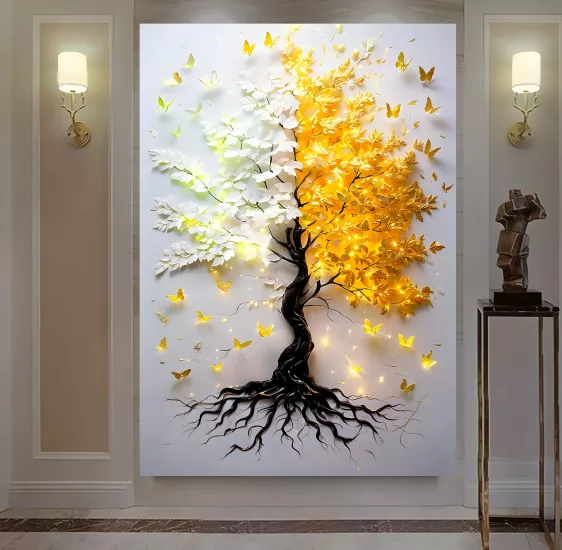 Led Işıklı Uzaktan Kumanda Ağaç Kanvas Tablo