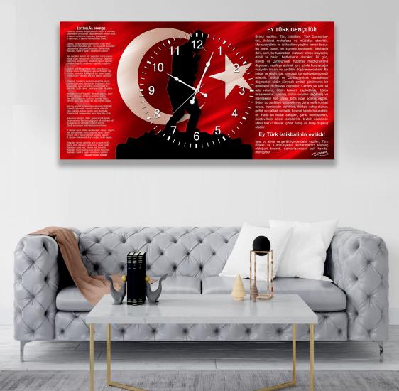 Saatli Al Bayrak Panoramik Kanvas Tablo