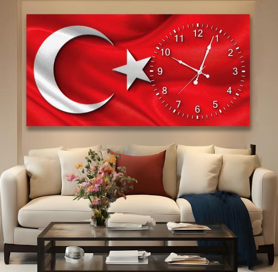 Saatli Al Bayrak Panoramik Kanvas Tablo