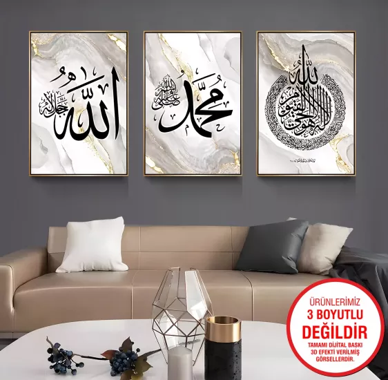 Gold Metal Çerçeveli Dini 3’lü Kanvas Tablo
