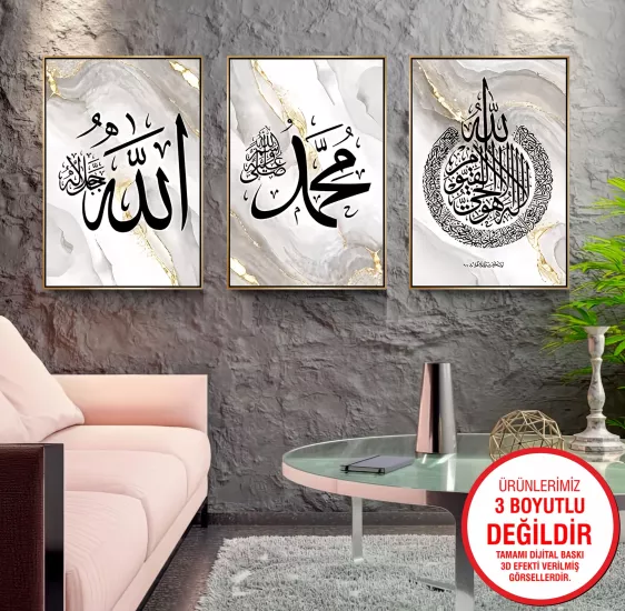 Gold Metal Çerçeveli Dini 3’lü Kanvas Tablo