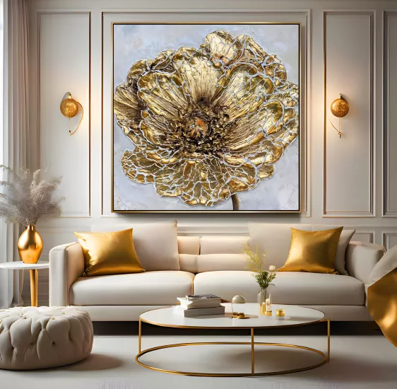 Gold Metal Çerçeveli Çiçek Kanvas Tablo