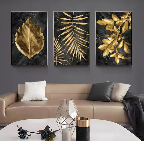 Gold Metal Çerçeveli Yapraklar 3’lü Kanvas Tablo 