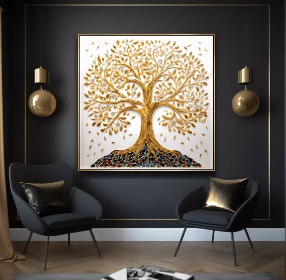 Gold Metal Çerçeveli Ağaç Kanvas Tablo