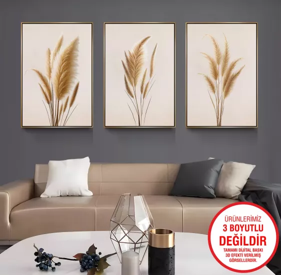 Gold Metal Çerçeveli Başak 3’lü Kanvas Tablo Seti