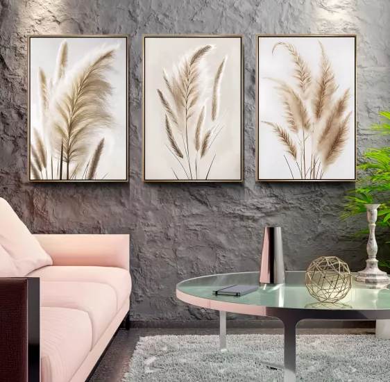 Gold Metal Çerçeveli Başak 3’lü Kanvas Tablo Seti