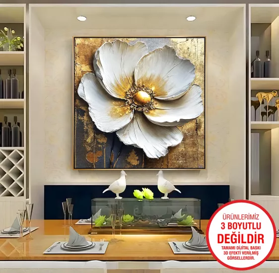 Gold Metal Çerçeveli Beyaz Çiçek Kanvas Tablo