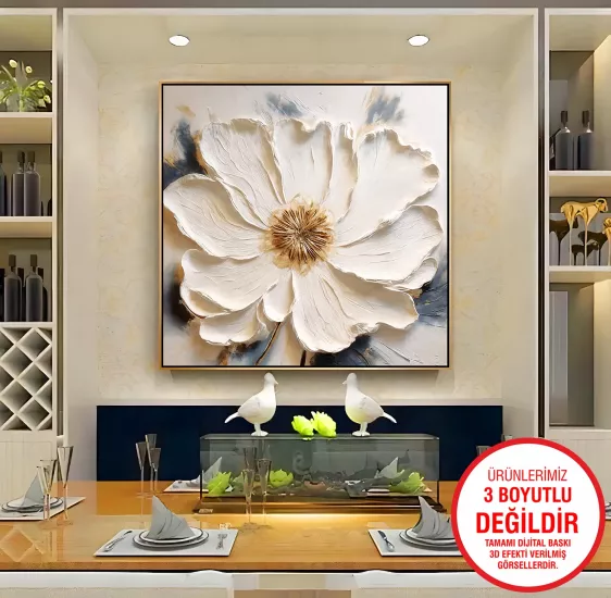 Gold Metal Çerçeveli Beyaz Çiçek Kanvas Tablo