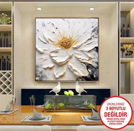 Gold Metal Çerçeveli Beyaz Çiçek Kanvas Tablo