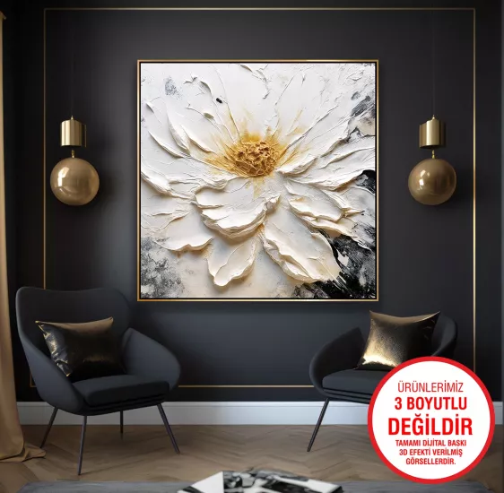 Gold Metal Çerçeveli Beyaz Çiçek Kanvas Tablo