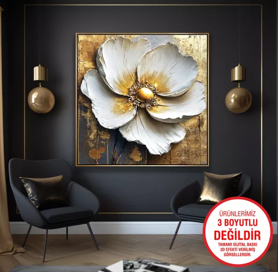 Gold Metal Çerçeveli Beyaz Çiçek Kanvas Tablo