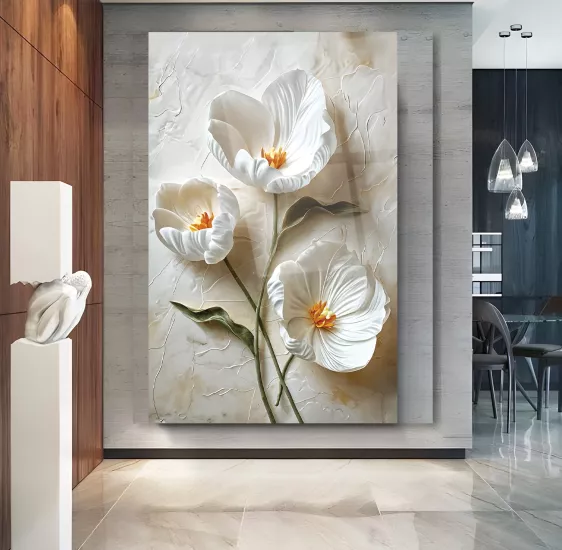 Beyaz Çiçek Cam Tablo