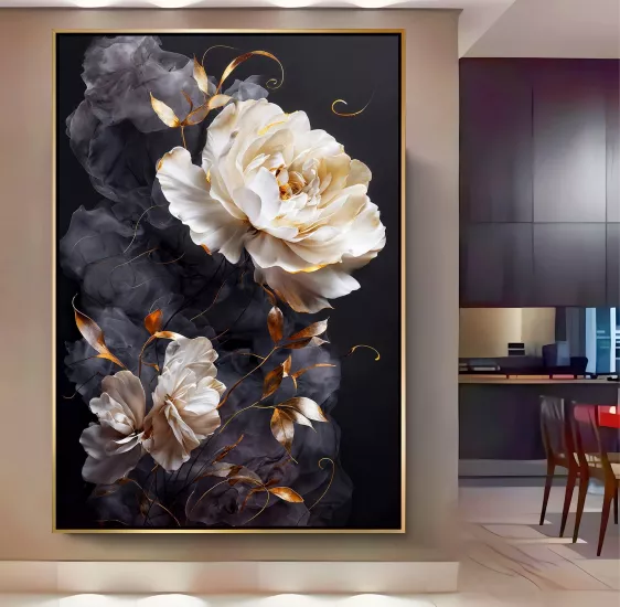 Gold Metal Çerçeveli Kabartma Görünümlü Dekoratif Çiçek Kanvas Tablo