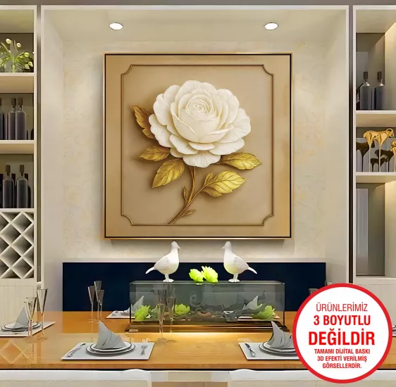 Gold Metal Çerçeveli Beyaz Çiçek Kanvas Tablo