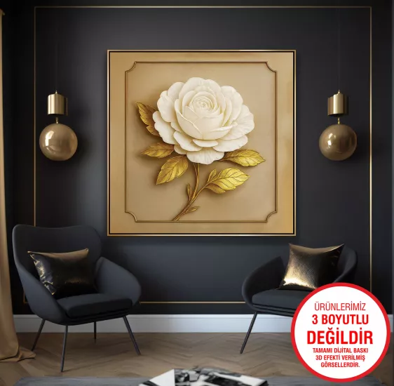 Gold Metal Çerçeveli Beyaz Çiçek Kanvas Tablo