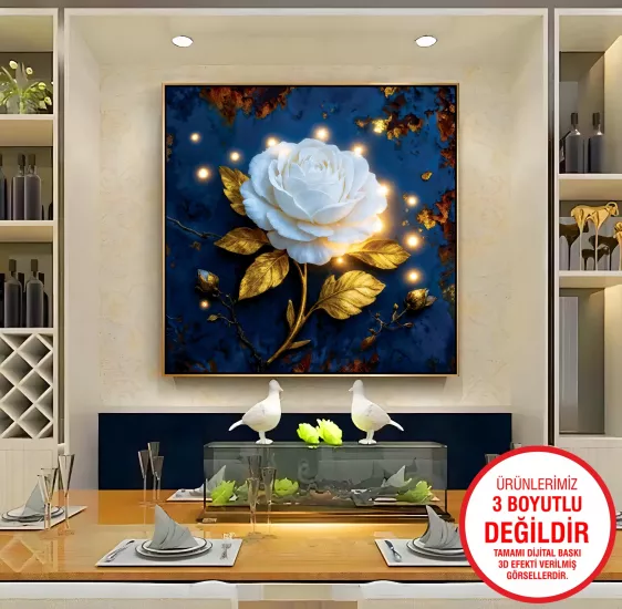 Gold Metal Çerçeveli Beyaz Gül Kanvas Tablo