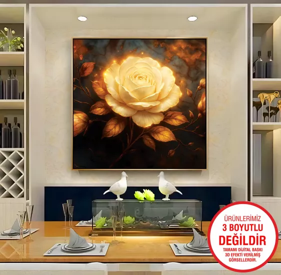 Gold Metal Çerçeveli Sarı Gül Kanvas Tablo