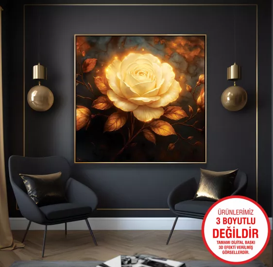 Gold Metal Çerçeveli Sarı Gül Kanvas Tablo