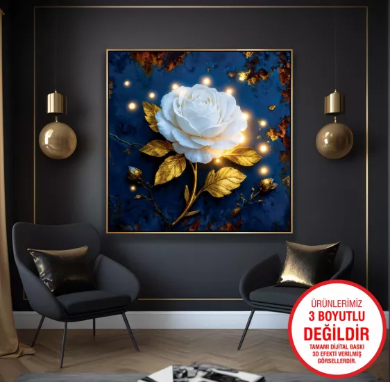 Gold Metal Çerçeveli Beyaz Gül Kanvas Tablo