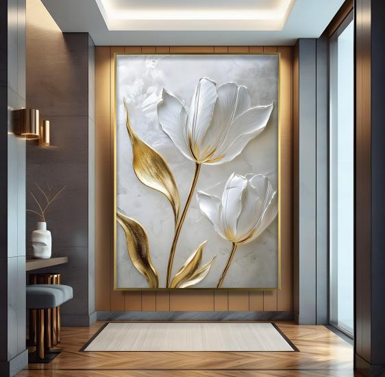 Metal Çerçeveli Beyaz Laleler Cam Tablo
