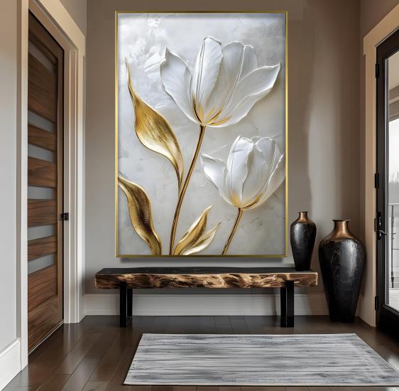 Metal Çerçeveli Beyaz Laleler Cam Tablo
