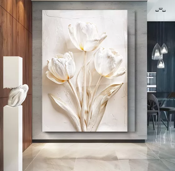 Beyaz Lale Cam Tablo