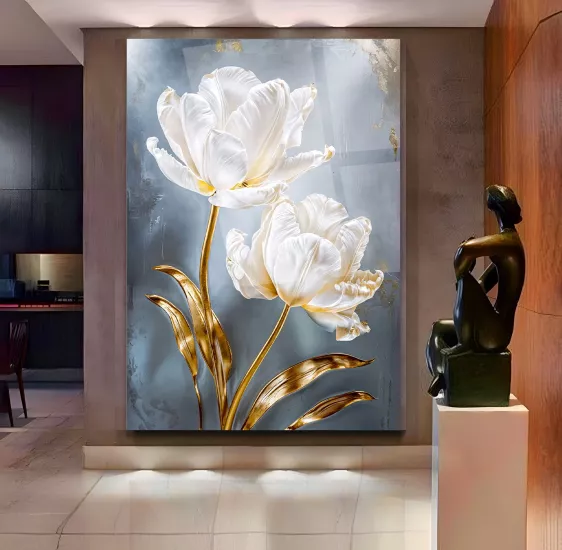 Beyaz Lale Cam Tablo