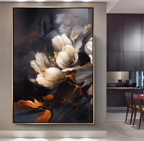 Gold Metal Çerçeveli Kabartma Görünümlü Dekoratif Çiçek Kanvas Tablo