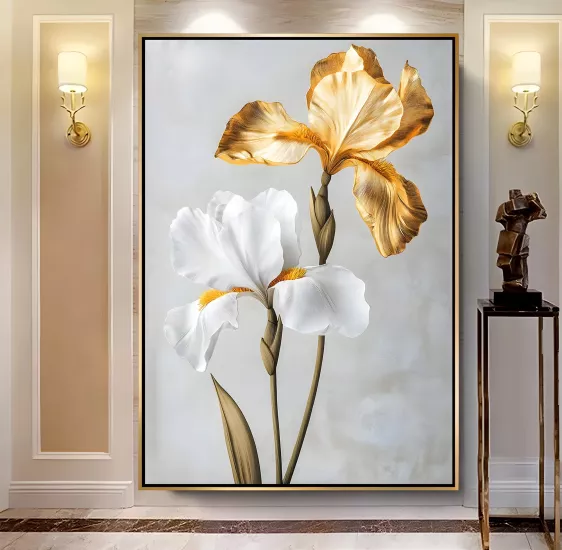 Gold Metal Çerçeveli Kabartma Görünümlü Dekoratif Çiçek Kanvas Tablo