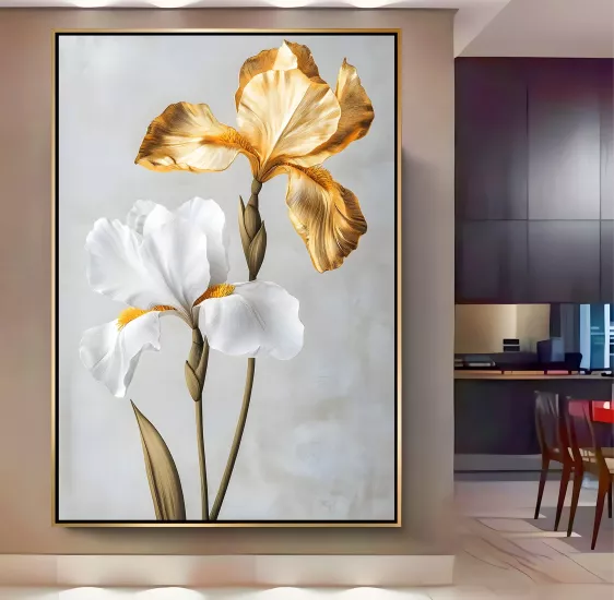 Gold Metal Çerçeveli Kabartma Görünümlü Dekoratif Çiçek Kanvas Tablo