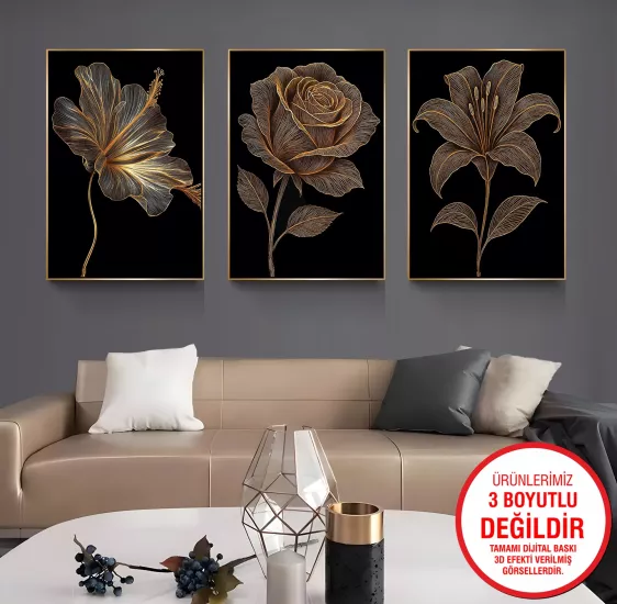 Gold Metal Çerçeveli Çiçekler 3’lü Kanvas Tablo