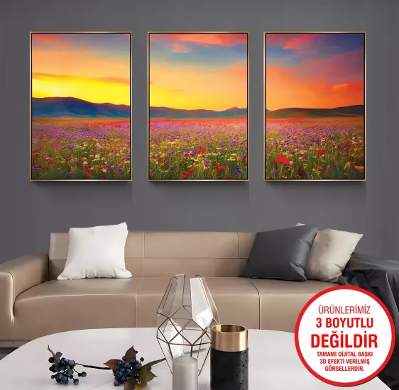 Gold Metal Çerçeveli Gelincik 3’lü Kanvas Tablo
