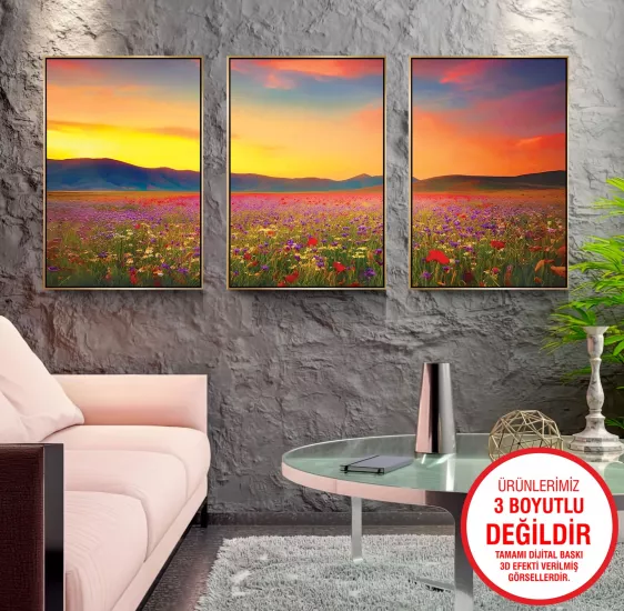Gold Metal Çerçeveli Gelincik 3’lü Kanvas Tablo