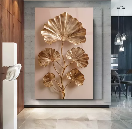 Gold Yapraklar Cam Tablo