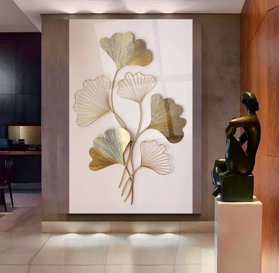 Gold Yapraklar Cam Tablo