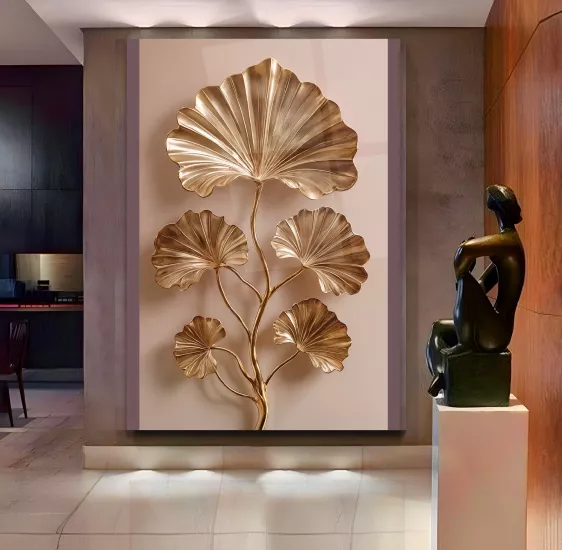 Gold Yapraklar Cam Tablo