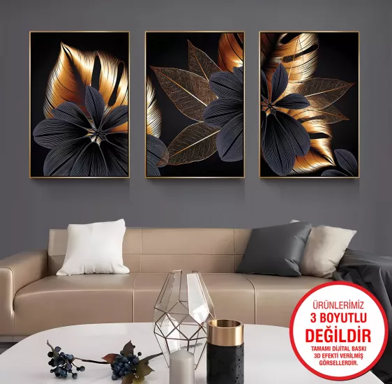 Gold Metal Çerçeveli Çiçekler 3’lü Kanvas Tablo
