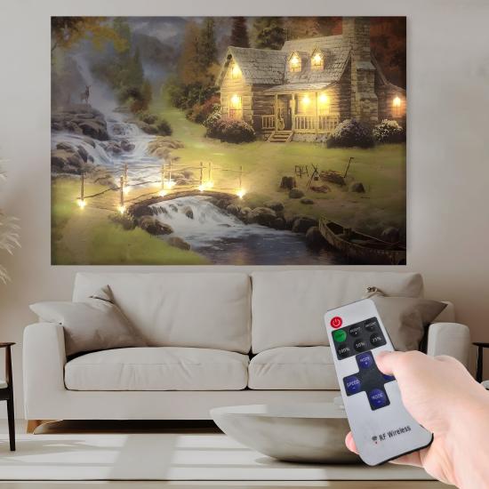 Led Işıklı Uzaktan Kumandalı Dağ Evi Kanvas Tablo