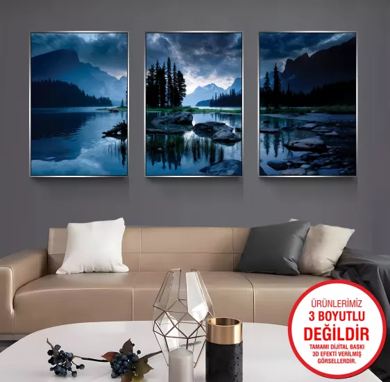 Gümüş Metal Çerçeveli Manzara 3’lü Kanvas Tablo